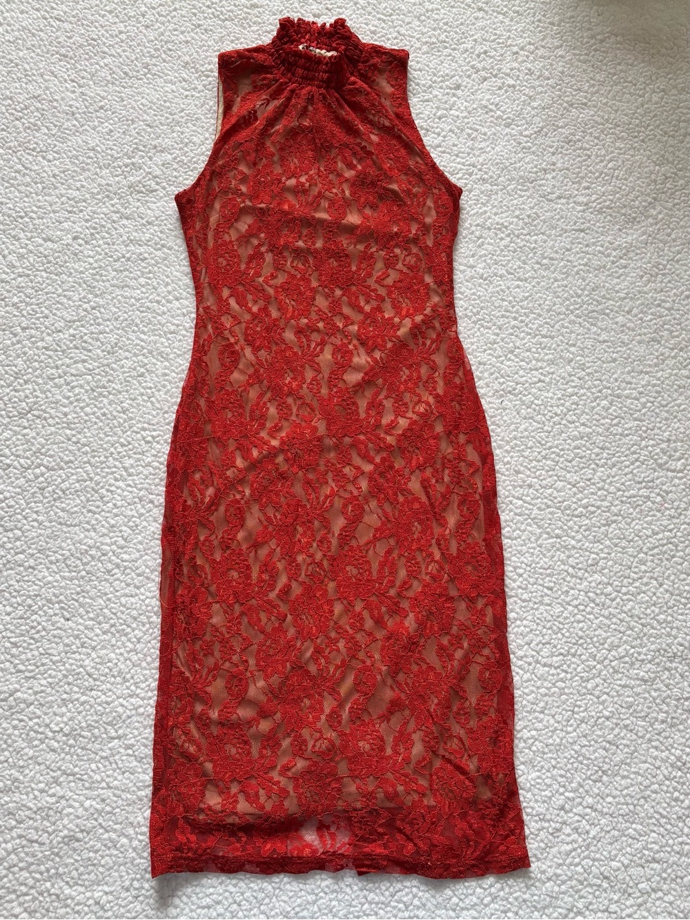 New York & Co Red Floral Lace Mock Neck Halter Bodycon Midi Dress XS Sirencore